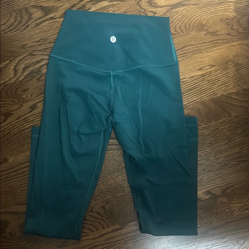 Lululemon Green Leggings with Wide Waistband and Moisture-Wicking Fabric